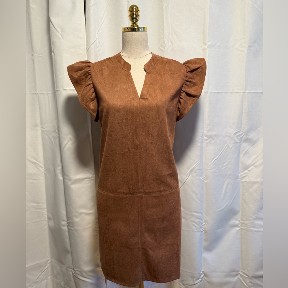 NWT THML flutter sleeve faux suede dress